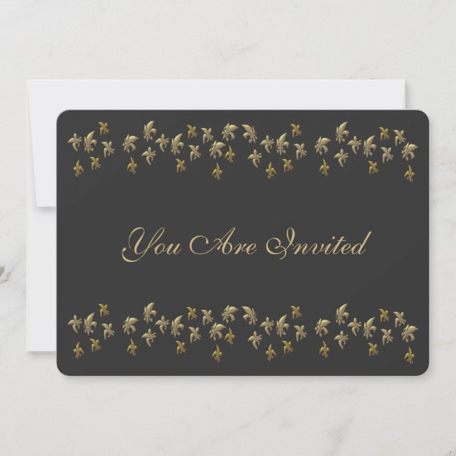 Black and Gold Fleur de Lis Confetti Invitation (Front)