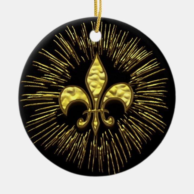 Black and Gold Fleur de Lis Fireworks Ornament (Front)