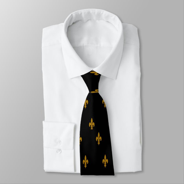 Black and Gold Fleur De Lis Neck Tie (Tied)