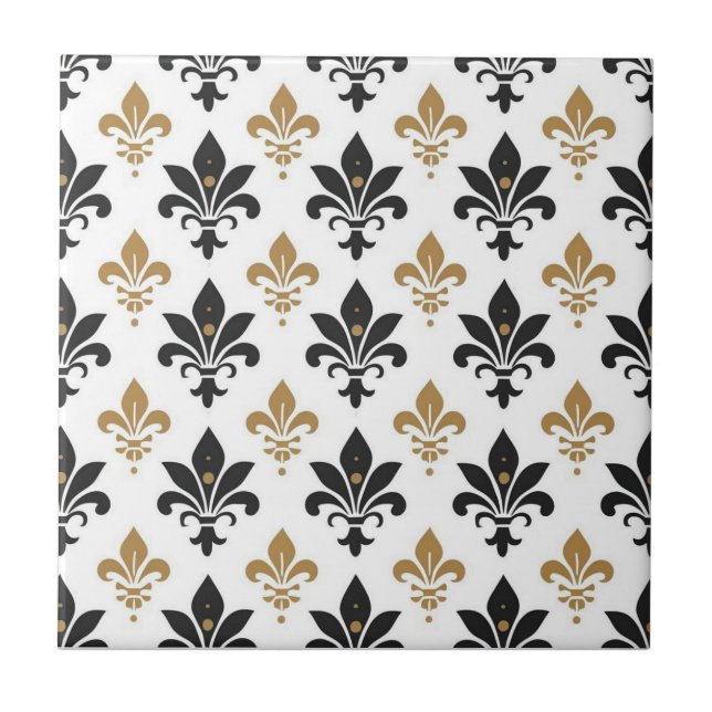 Black and Gold Fleur-de-Lis Pattern Ceramic Tile (Front)