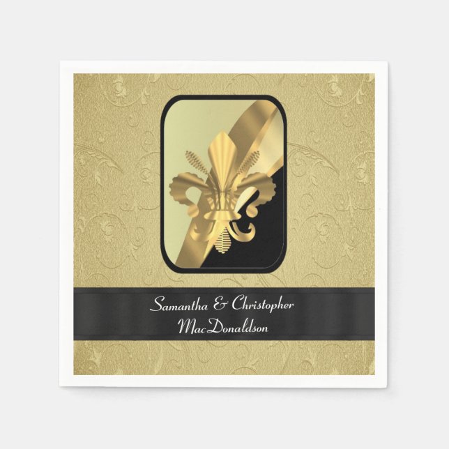 Black and gold fleur de lys personalized napkins (Front)