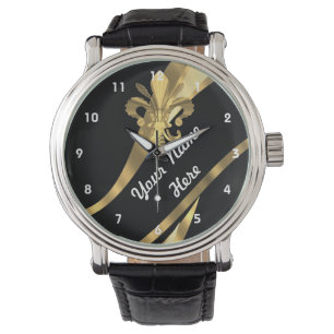 Black and gold fleur de lys personalized watch