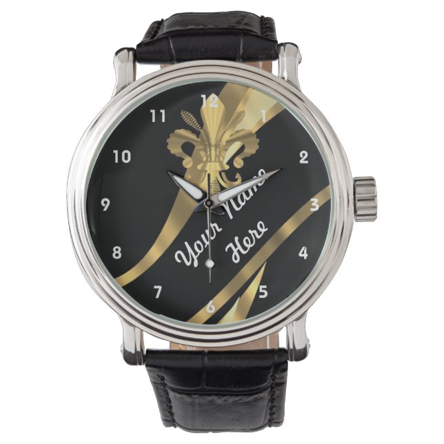 Black and gold fleur de lys personalized watch (Front)