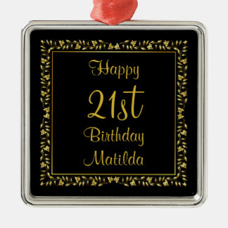 Black and Gold Floral 21st Birthday Metal Ornament