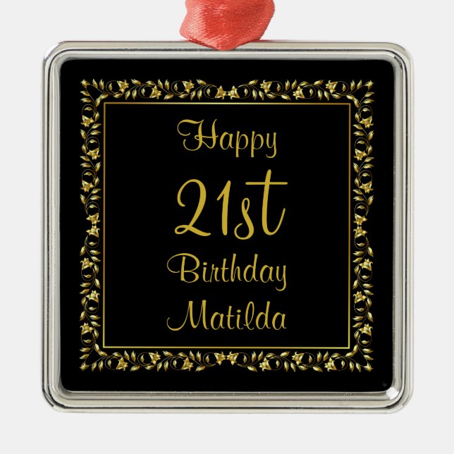Black and Gold Floral 21st Birthday Metal Ornament (Front)
