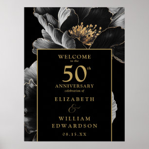 Black And Gold Floral 50th Anniversary Sign