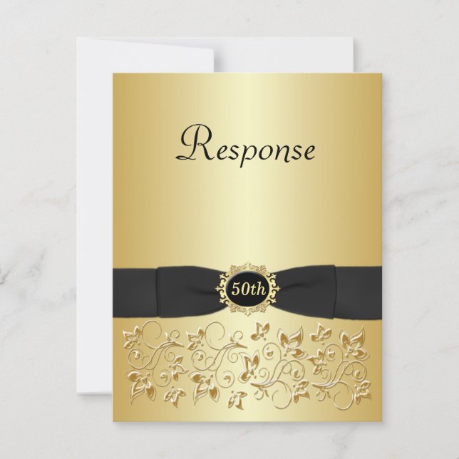 Black and Gold Floral 50th RSVP Card (Front)