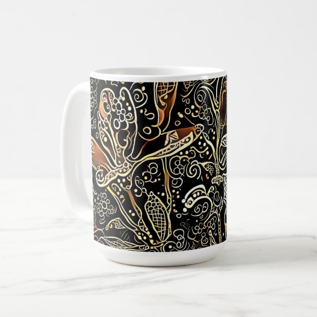 Black and Gold Floral Art Cup Mug (Front Left)
