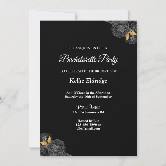 Black And Gold Floral Bachelorette Party Invitation (Front)