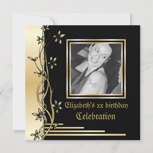 Black and gold floral border birthday invitation