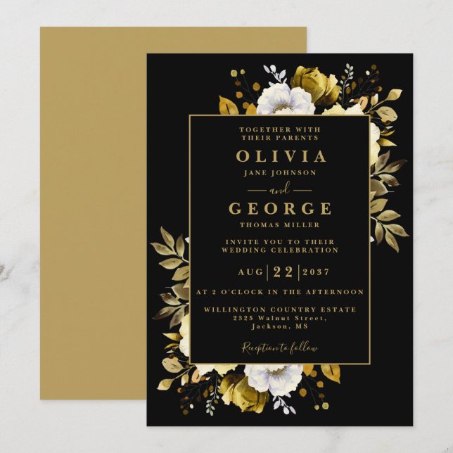 Black And Gold Floral Botanical Modern Wedding Invitation (Front/Back)