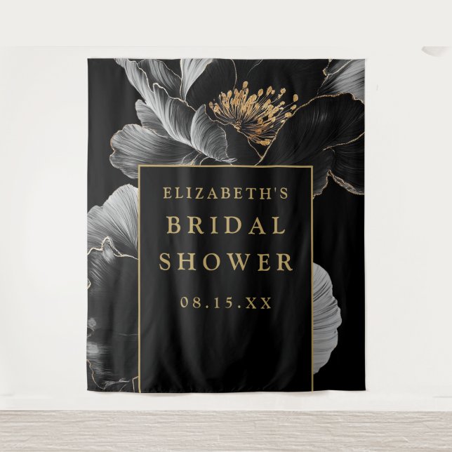 Black And Gold Floral Bridal Shower Photo Backdrop (Front)