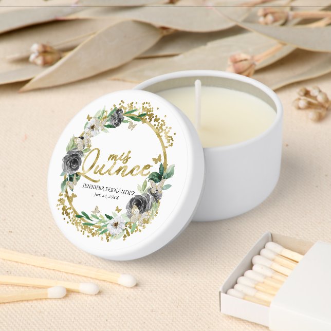 Black And Gold Floral Butterfly Quinceañera Mini Candle Favors (Insitu)
