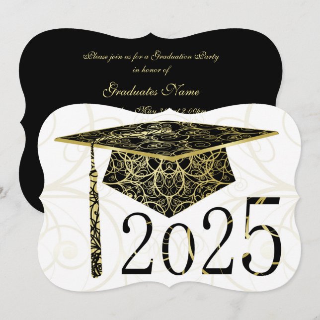 Black and Gold Floral Cap 2025 Graduation Party Invitation (Front/Back)