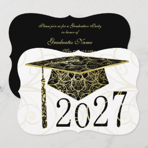 Black and Gold Floral Cap 2027 Graduation Party Invitation