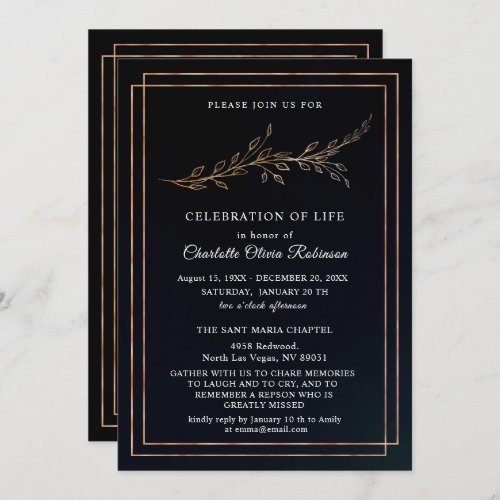 Black and Gold Floral Celebration of life Invite