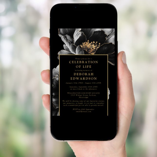 Black And Gold Floral Celebration Of Life Photo Invitation (Front Digital)