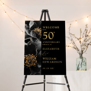 Black And Gold Floral Chic 50th Anniversary Sign