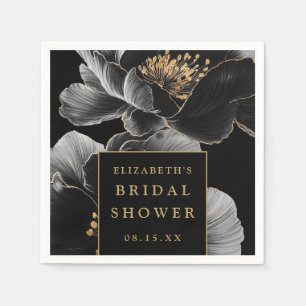 Black And Gold Floral Chic Elegant Bridal Shower Napkins
