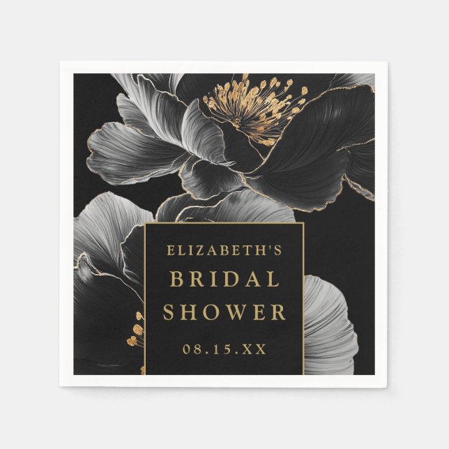 Black And Gold Floral Chic Elegant Bridal Shower Napkins (Front)