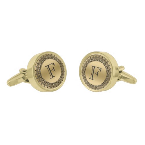 Black And Gold Floral Circle Frame Gold Cufflinks