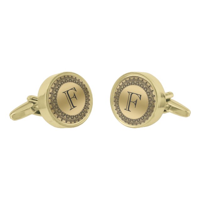Black And Gold Floral Circle Frame Gold Cufflinks (Angled)