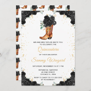 Black and Gold Floral Cowboy Boot Quinceañera Invitation