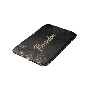 Black and gold floral damask bath mat