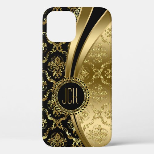 Black and gold floral damask iPhone 12 case