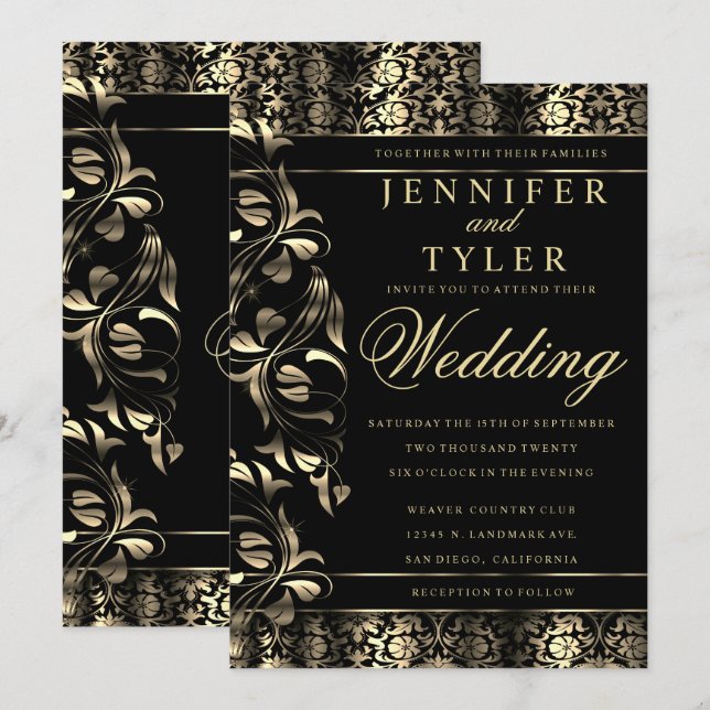 Black and Gold Floral Damask Invitation (Front/Back)