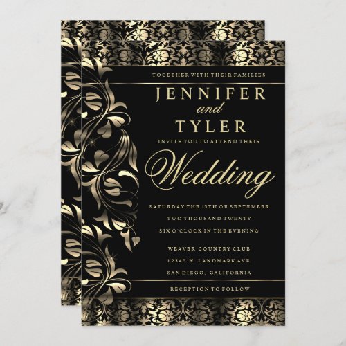 Black and Gold Floral Damask Invitation