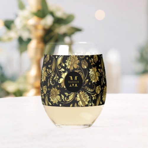 Black and Gold Floral Damask Monogram Stemless Wine Glass