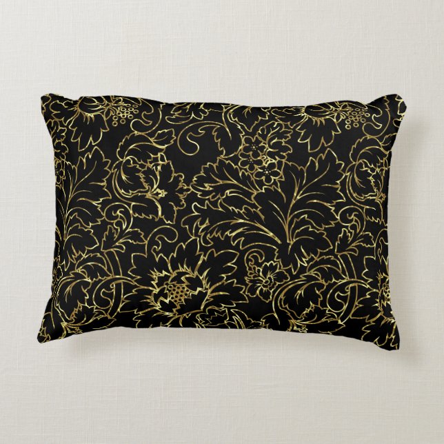 Black And Gold Floral Damasks Accent Pillow (Back)