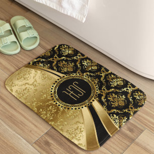 Black And Gold Floral Damasks Bath Mat