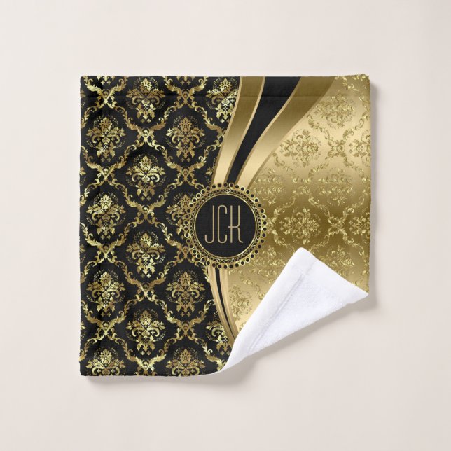 Black And Gold Floral Damasks Bath Towel Set (Wash Cloth)