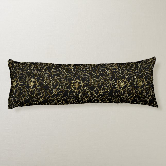 Black And Gold Floral Damasks Body Pillow (Back)