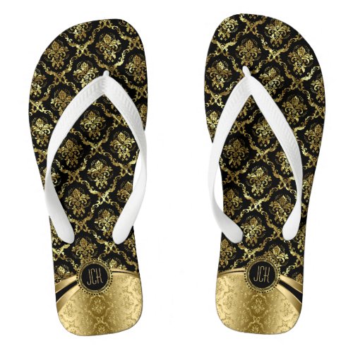 Black And Gold Floral Damasks Flip Flops