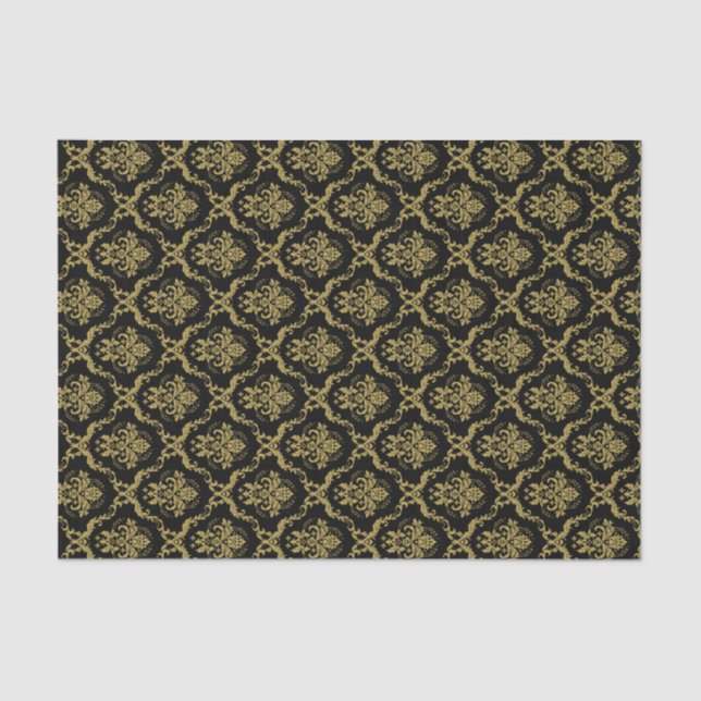 Black And Gold Floral Damasks Lace Pattern Tissue Paper (Front)