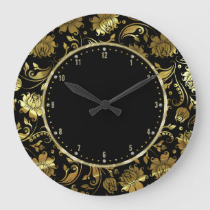 Black And Gold Floral Damasks Large Clock