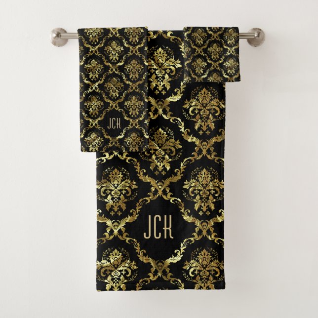 Black And Gold Floral Damasks Monogram Bath Towel Set (Insitu)