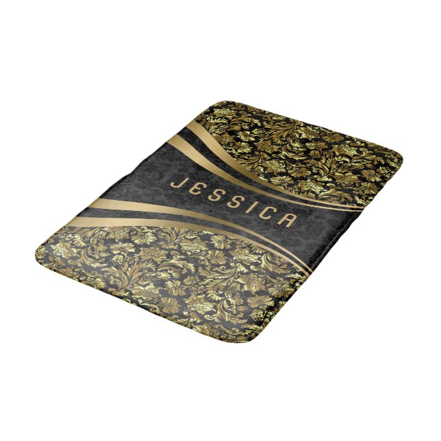 Black And Gold Floral Damasks Pattern 2b Bathroom Mat (Angled)
