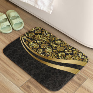 Black And Gold Floral Damasks Pattern Bathroom Mat