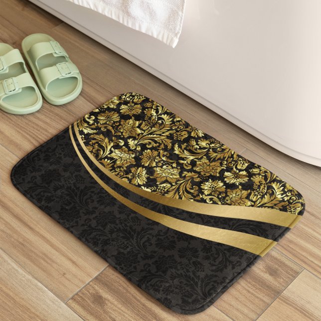 Black And Gold Floral Damasks Pattern Bathroom Mat (Creator Uploaded)