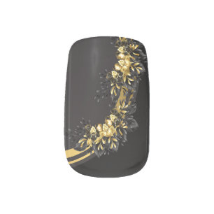 Black and Gold Floral design Minx Nail Art