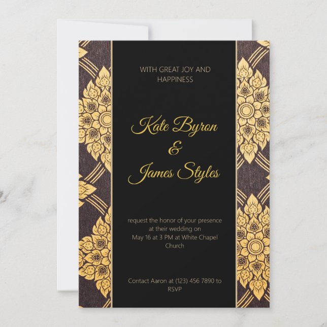 Black and Gold Floral Design Wedding Invitation (Front)