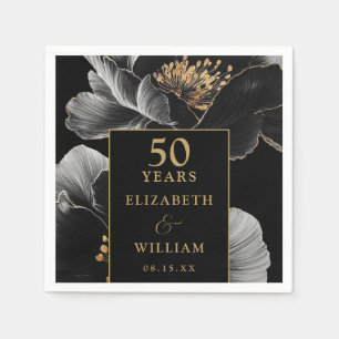 Black And Gold Floral Elegant 50th Anniversary Napkins
