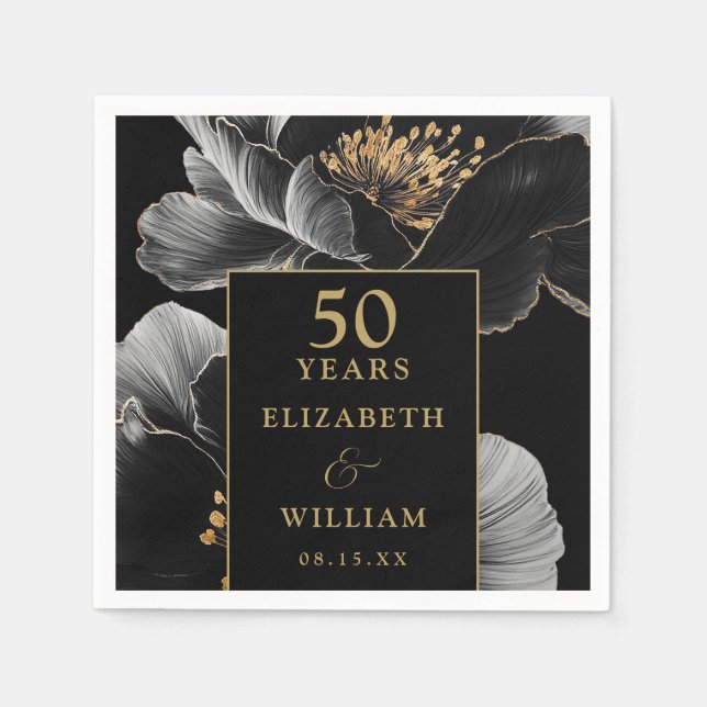 Black And Gold Floral Elegant 50th Anniversary Napkins (Front)