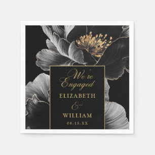 Black And Gold Floral Elegant Engagement Party Napkins