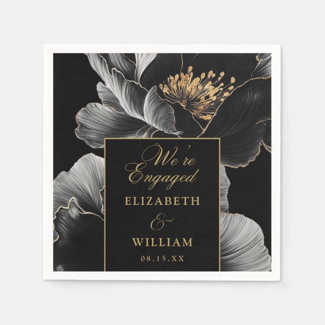 Black And Gold Floral Elegant Engagement Party Napkins (Front)