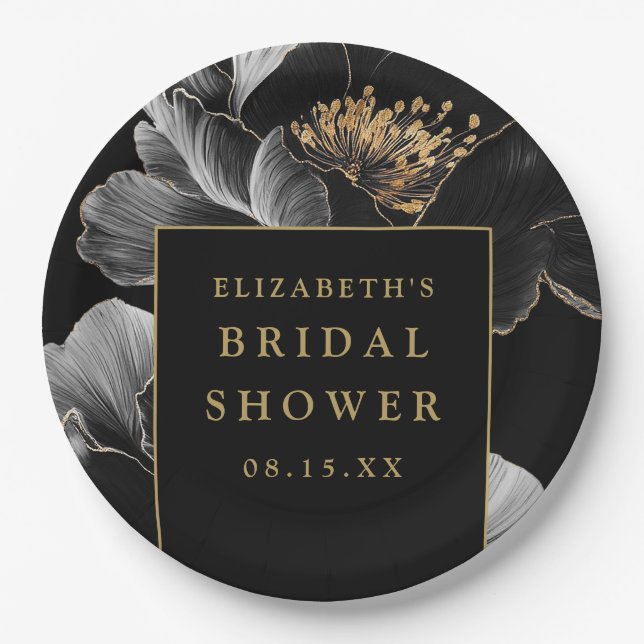 Black And Gold Floral Elegant Modern Bridal Shower Paper Plates (Front)